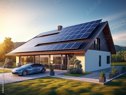 Modern house with solar panels and modern car near house. photo