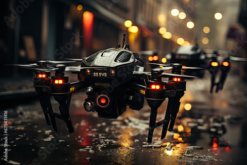 Hovering police drones. cyberpunk
