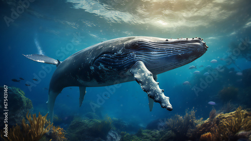 Whale jumping into the sea. Humpback in the ocean. © Oleksandra