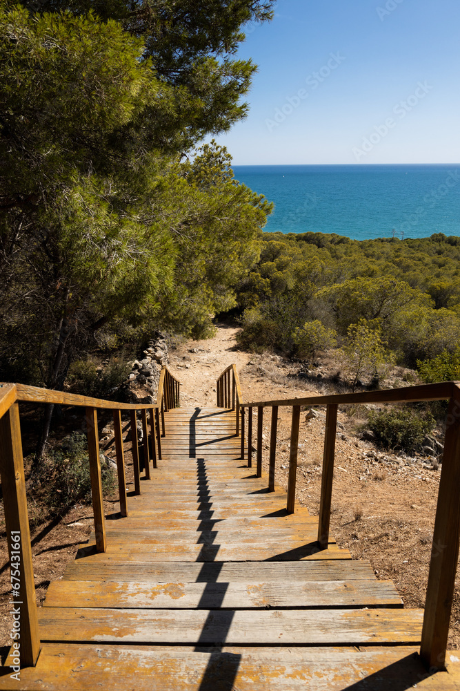 Outdoor wooden stairs down to the sea and pine trees, Spain, Costa Brava