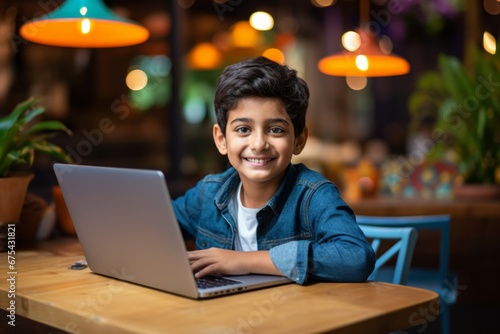 happy indian child boy sitting at table with laptop in cafe
