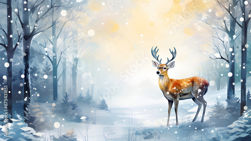 Deer in the Christmas forest on a snowy and sunny day, postcard, light colored background
