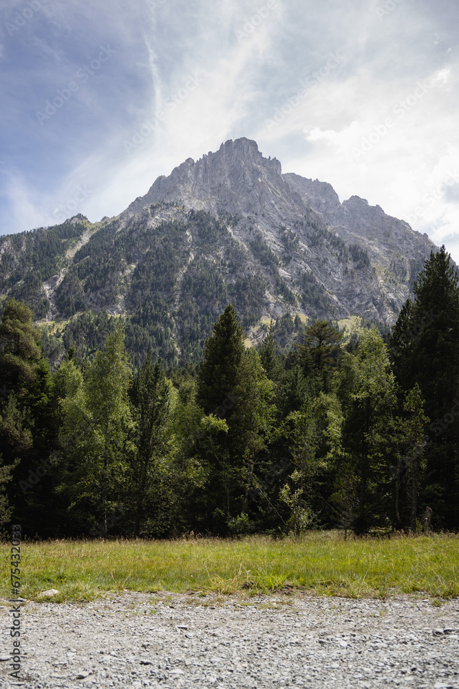 Beautiful landscape of the natural park of Aigüestortes y Estany de Sant Maurici, Pyrenees valley with river and lake