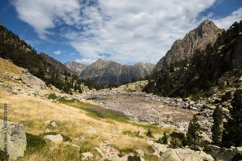 Beautiful landscape of the natural park of Aigüestortes y Estany de Sant Maurici, Pyrenees landscape with river and lake