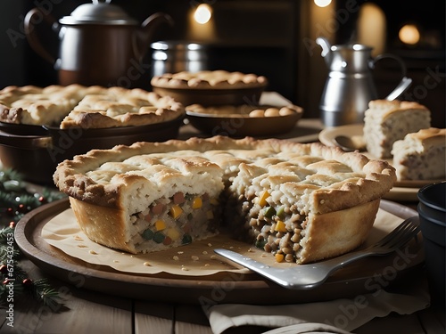 Capture the essence of Tourtiere in a stunning photograph. Emphasize the rich, savory flavors with warm Generative AI photo