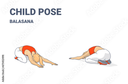 Child's Pose Exercise, Female Home Workout Routine Guidance for Balasana Yoga Asana