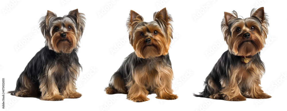 Set of yorkshire terrier dog isolated on transparent background. Concept of pet.