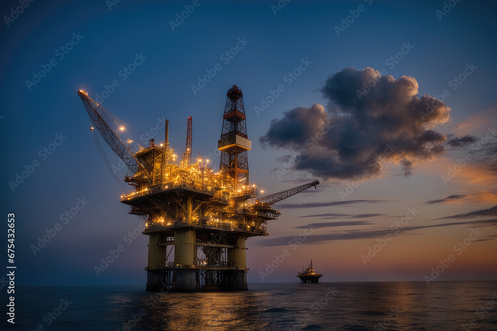 Offshore oil rig at dusk near the beach