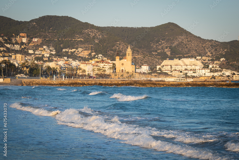 The beautiful town of Sitges, Landscape of the coastline in Sitges