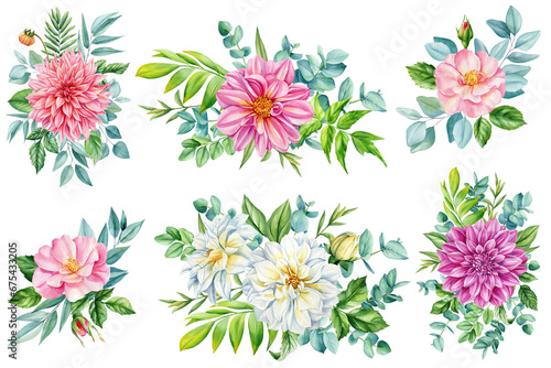 Floral bouquet design. flower Dahlias, roses, greenery branch leaves, invitation card. Watercolor botany Illustration