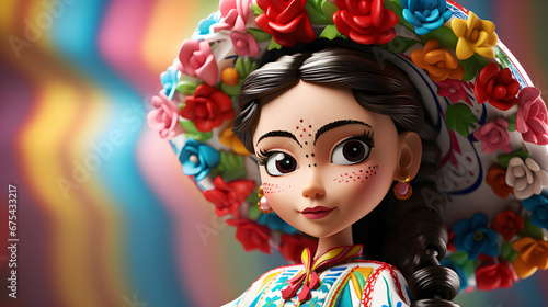 caricatura y rostro de muñequita mexicana tipo frida con sombrero y flores brillantes