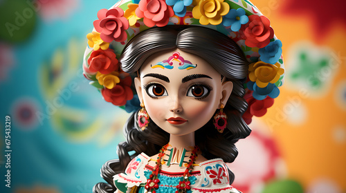 caricatura y rostro  de muñequita mexicana tipo frida con sombrero y flores brillantes photo