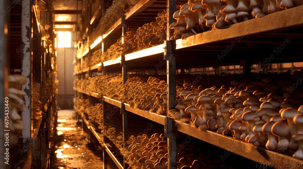 Champignons and other mushrooms growing on a mushroom farm. Mushroom industry.