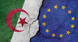 Algeria and European Union flags, concrete wall texture with cracks, grunge background, military conflict concept
