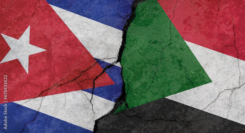 Flags of Cuba and Sudan, texture of concrete wall with cracks, grunge background, military conflict concept