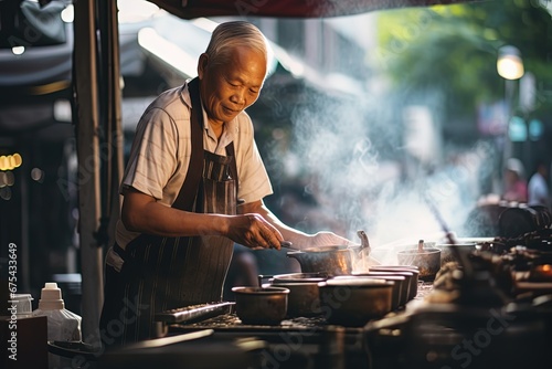 an old Asian man cooking at street food stall with local backstreet atmosphere , Generative Ai