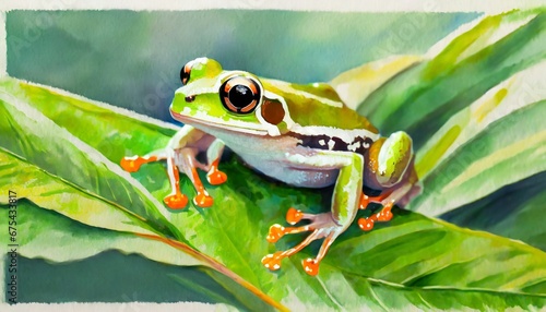 Tree frog on a green leaf, close-up, painting, watercolor style