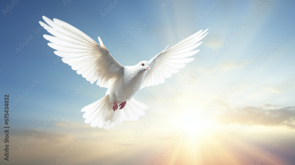 Fototapeta premium A white dove, White dove on bright light shines from heaven background. Love and peace descends from sky.