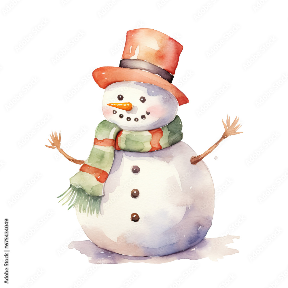 watercolor illustration, merry snowman symbol winter, children's illustration, new year celebration. AI generated illustration.
