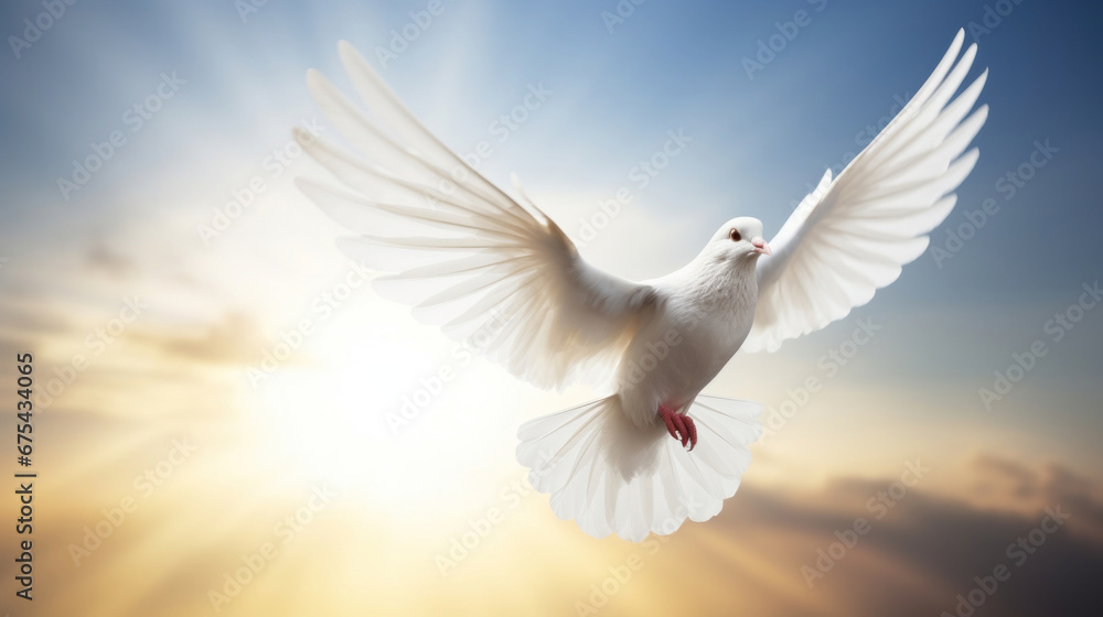 A white dove, White dove on bright light shines from heaven background. Love and peace descends from sky. A white dove, White dove on bright light shines from heaven background. Love and peace descends from sky.