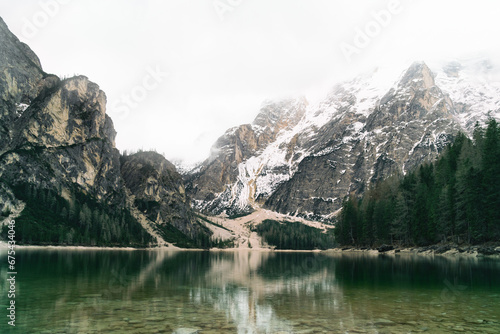 Fototapeta Naklejka Na Ścianę i Meble -  Panoramic view of Braies lake, Alps, Italy. Copy space calm background. Mental health concept.