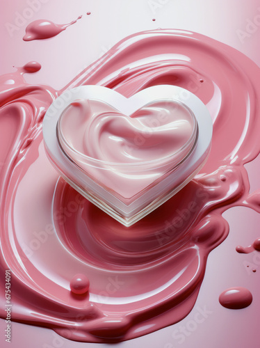 A beautiful splash of heart-shaped cream highlighted on a light pink background, cosmetics design, care industry concept, Valentine's day card, with space for text.