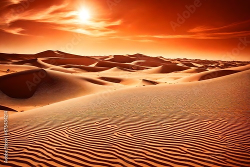 A dramatic  fiery-red desert landscape with towering sand dunes and an endless horizon under a brilliant  sunny sky. 