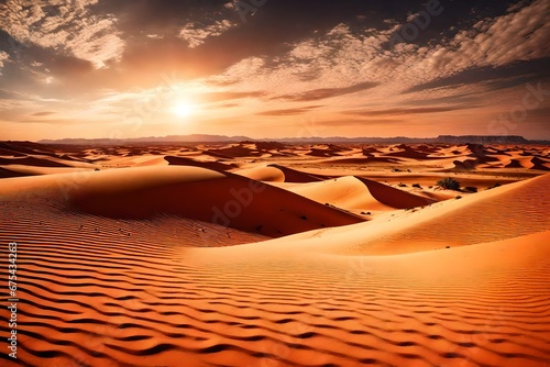 A dramatic  fiery-red desert landscape with towering sand dunes and an endless horizon under a brilliant  sunny sky. 