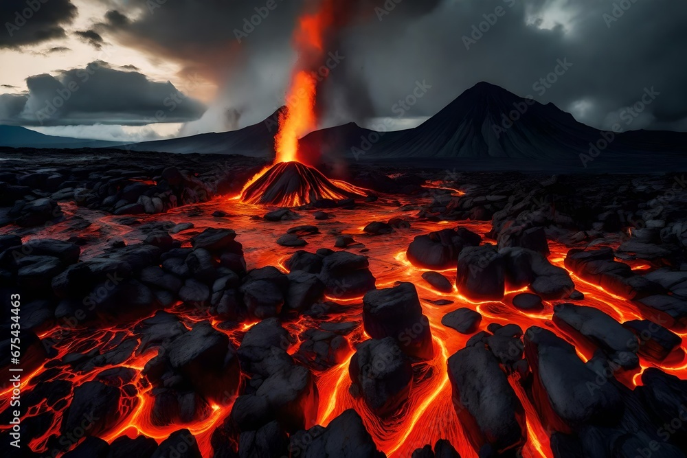 A dramatic, fiery lava flow in a vividly active volcanic landscape.