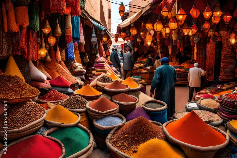 A bustling marketplace in Marrakech, Morocco, with vibrant textiles, spices, and traditional lanterns.