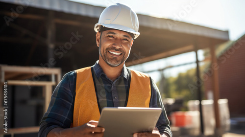 Portrait of A smiling engineer using a digital tablet on a construction site.