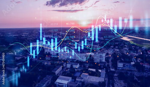 Trade technology, and investment analysis.Business development, financial plan and strategy.Analysis finance graph and market chart investment. Big data chart on city backdrop. © Miha Creative