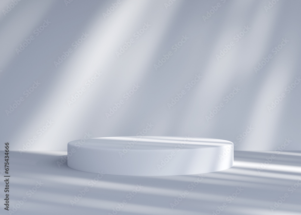 Empty white round podium, pedestal or display in room with falling shadow from window or hole. Realistic abstract interior space for fashion product presentation. Modern minimalistic 3d render. Empty white round podium, pedestal or display in room with falling shadow from window or hole. Realistic abstract interior space for fashion product presentation. Modern minimalistic 3d render.