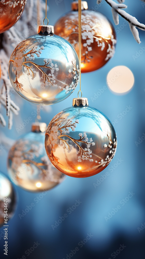 Obraz premium close-up of multi-colored Christmas balls on a branch, light bronze and light blue, translucent with patterns, low depth of field, Space for text