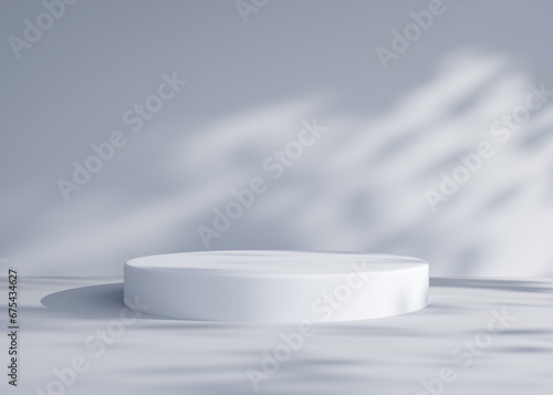 Empty white round podium, pedestal or display in room with falling shadow from leaf tree. Realistic abstract interior space for fashion product presentation. Modern minimalistic 3d render.