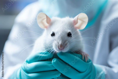 Portrait of a white laboratory rat in the hands of a scientist in blue rubber gloves. healthcare, medicine concept. photo