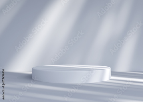 Empty white round podium  pedestal or display in room with falling shadow from window or hole. Realistic abstract interior space for fashion product presentation. Modern minimalistic 3d render.