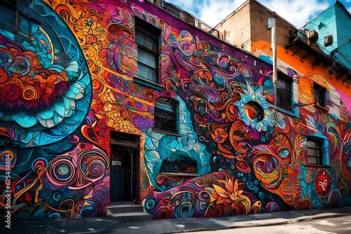 A vibrant street art mural with bold, psychedelic colors and intricate designs on a city wall.