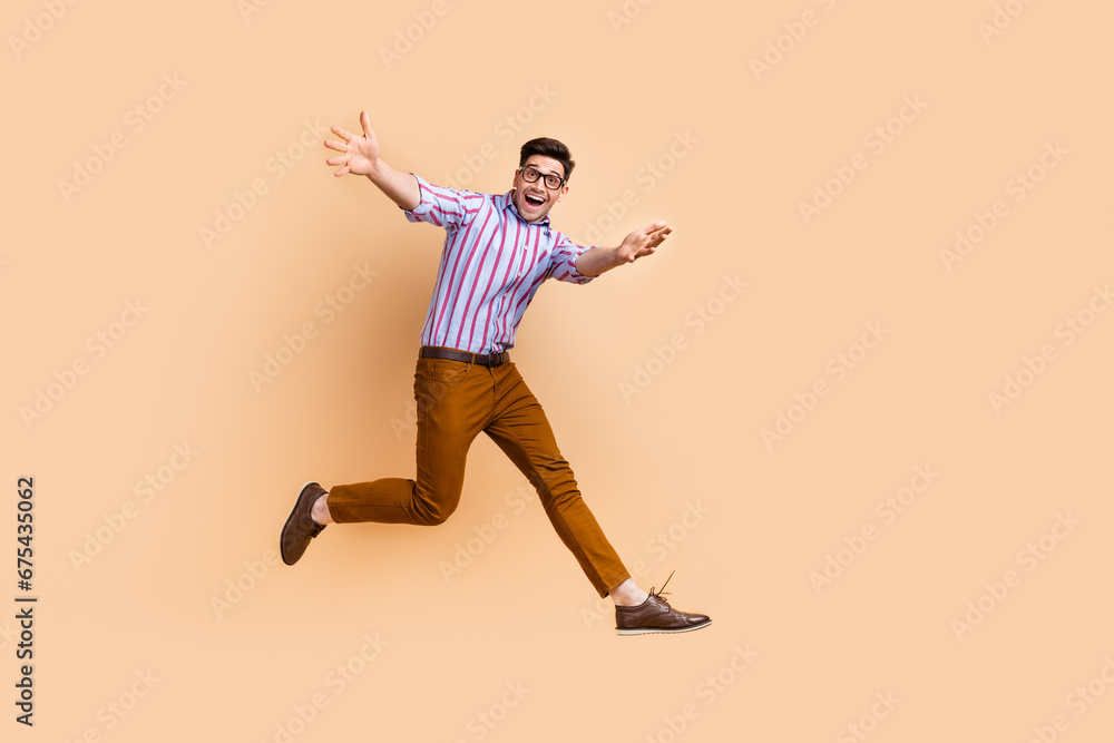 Full length photo of friendly nice man wear trendy clothes open hands hugging you walking empty space isolated on beige color background