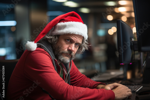 Work on Xmas holiday, Christmas overtime. Sad male worker in a Christmas red hat in office sitting at computer, waiting and looking away