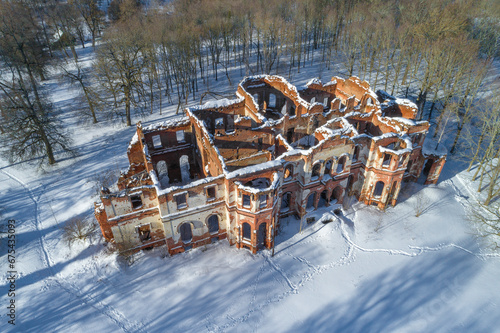 Above the ruins of the ancient Potemkin palace in the village of Gostilitsy on a February sunny day. Leningrad region, Russia photo