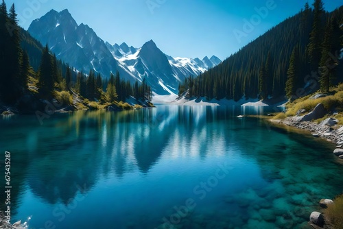 A pristine alpine lake surrounded by snow-capped peaks, reflecting the azure blue sky and fluffy white clouds.