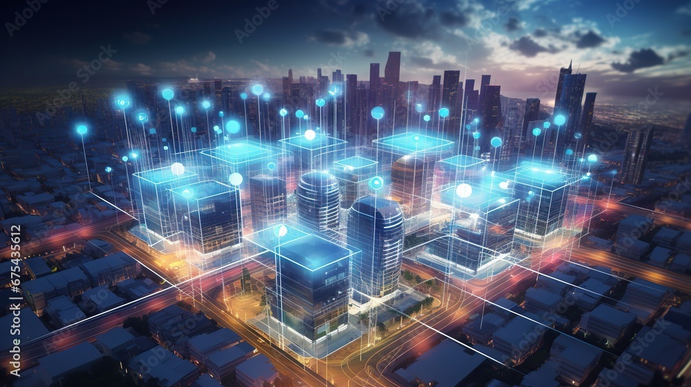 Modern city with wireless network connection. Telecommunication network above city, wireless mobile internet technology for smart grid.
