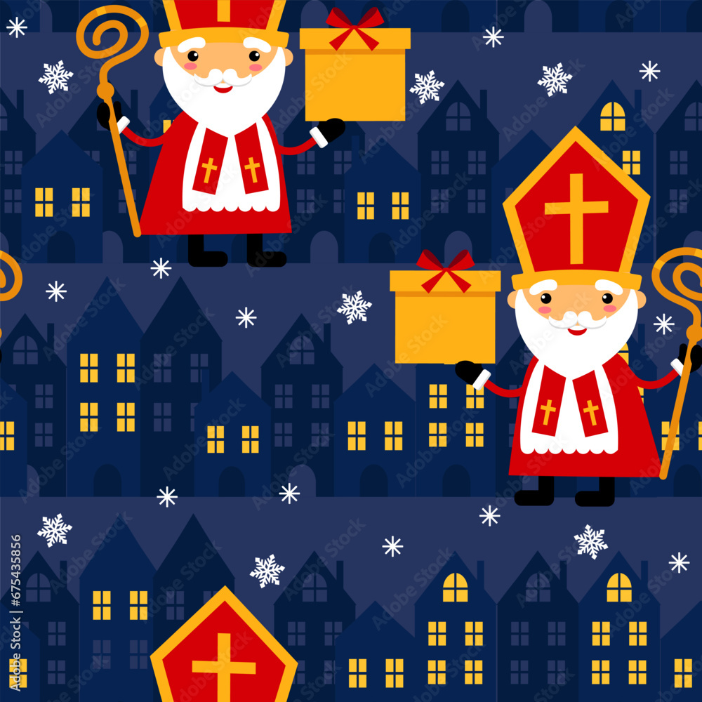 Saint Nicholas or Sinterklaas wish gifts on  background of houses  celebrate Christmas holiday. Dutch holidays at winter night. Christmas seamless background