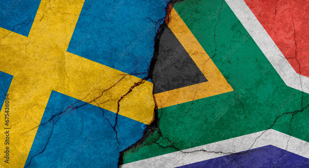 Sweden and South Africa flags, concrete wall texture with cracks, grunge background, military conflict concept