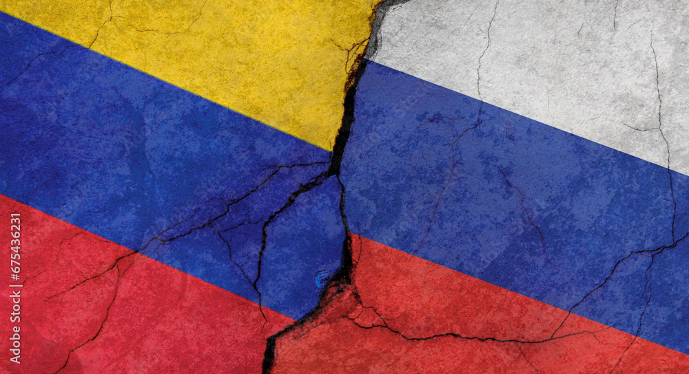 Flags of Venezuela and Russia texture of concrete wall with cracks, orange background, military conflict concept