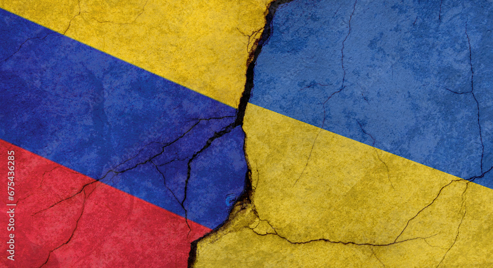 Flags of Venezuela and Ukraine texture of concrete wall with cracks, grunge background, military conflict concept