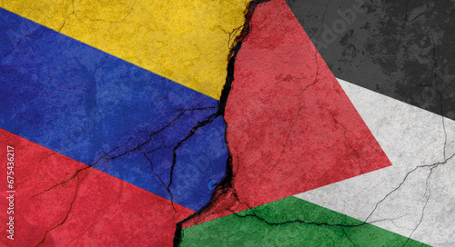 Flags of Venezuela and Palestine texture of concrete wall with cracks, grunge background, military conflict concept