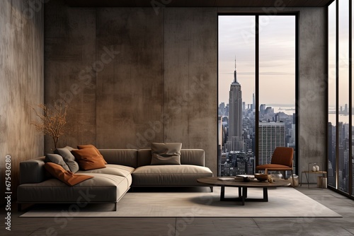 condo living room with big glass window cityscape view at twilight time, modern loft style interior, idea for backdrop wallpaper, Generative Ai