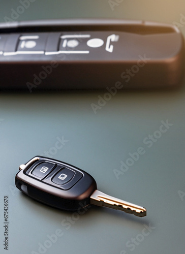 Car keys, black and metallic in color, on a gray canvas with different flashes or illuminations, concept of a new car, fulfilled dreams, goals, satisfaction. photo